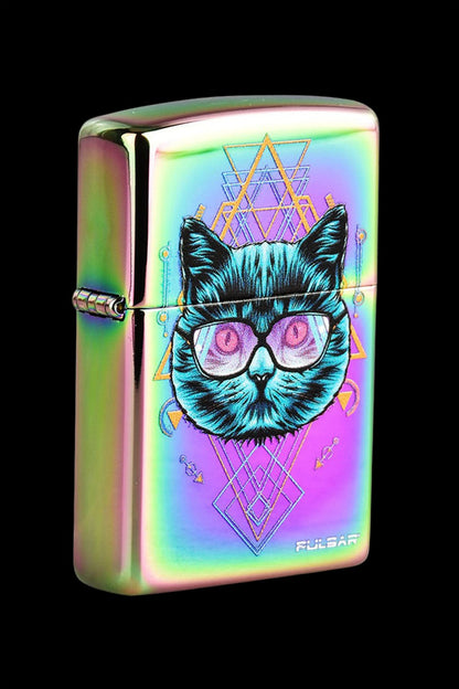 Iridescent lighter featuring a black cat wearing glasses and geometric designs.