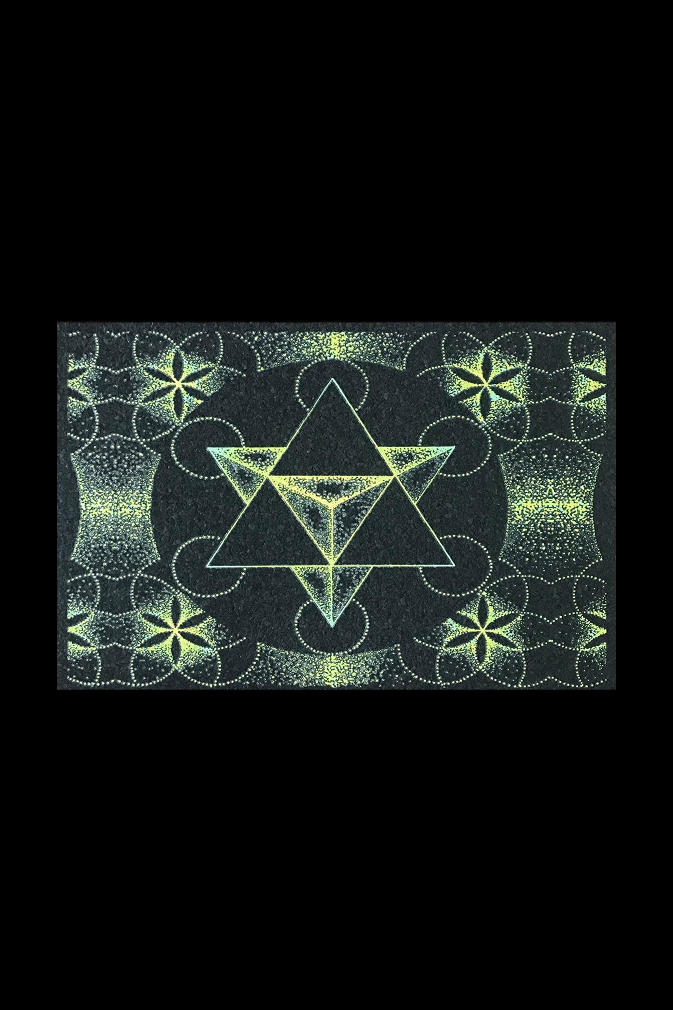Intricate geometric pattern of cannabis leaves and triangles in glowing green on black.