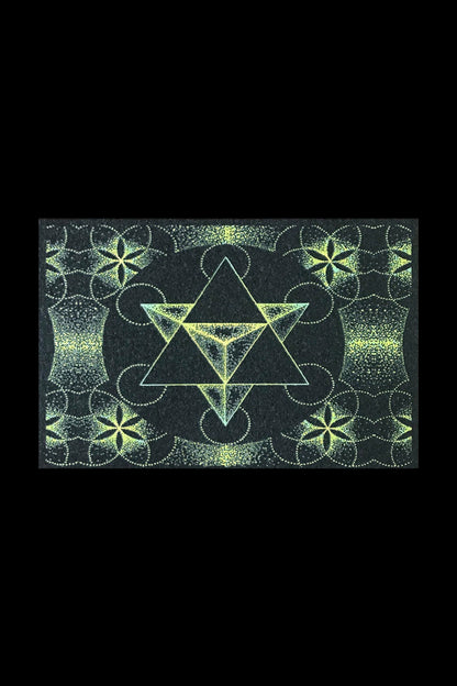 Intricate geometric pattern of cannabis leaves and triangles in glowing green on black.