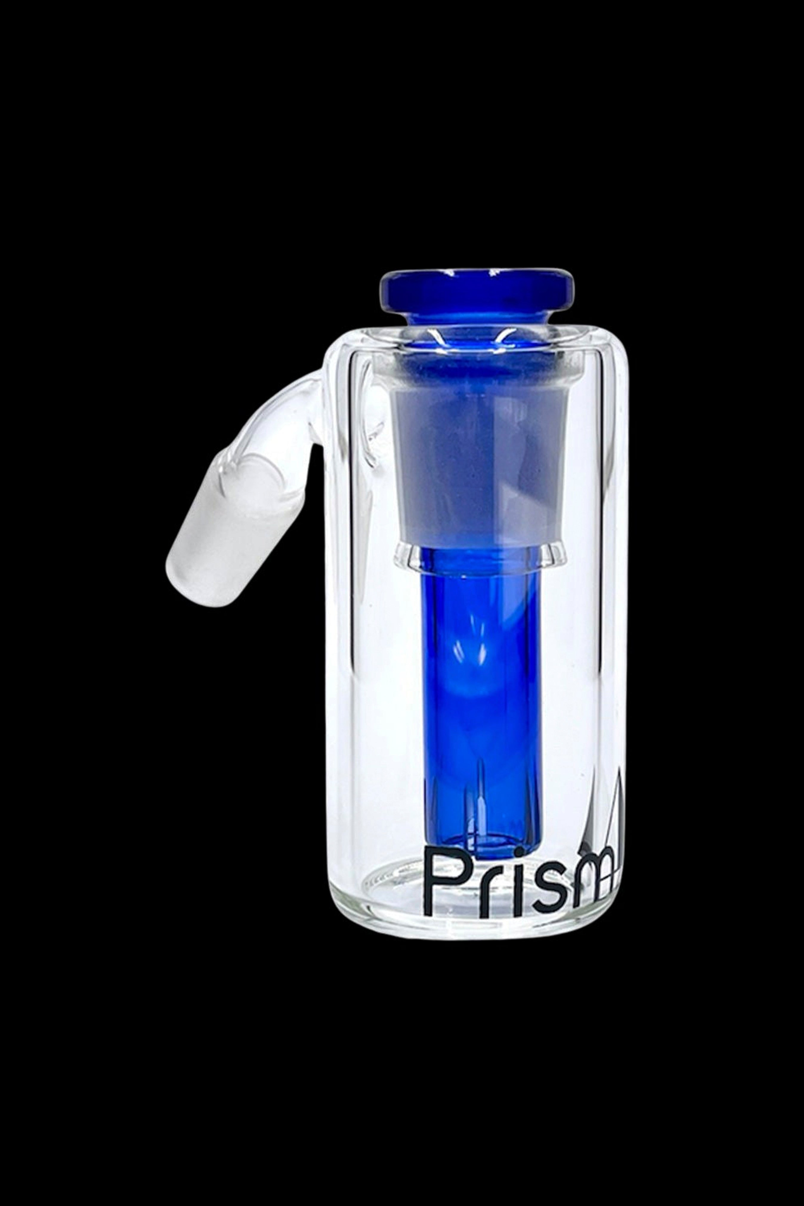 Clear glass bubbler with blue accents and “Prism” logo.