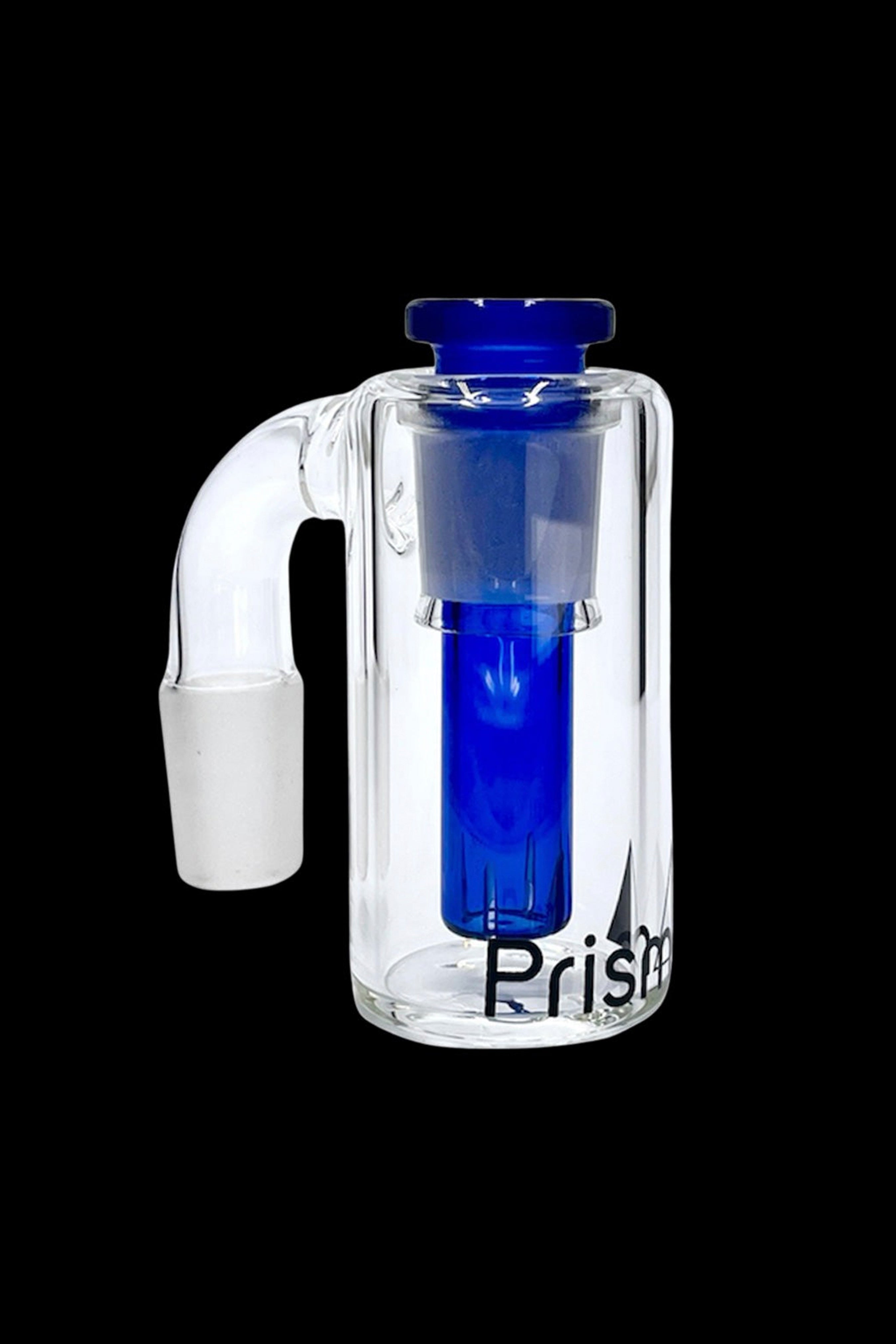 Clear glass bubbler with blue accents and "Prism" branding.