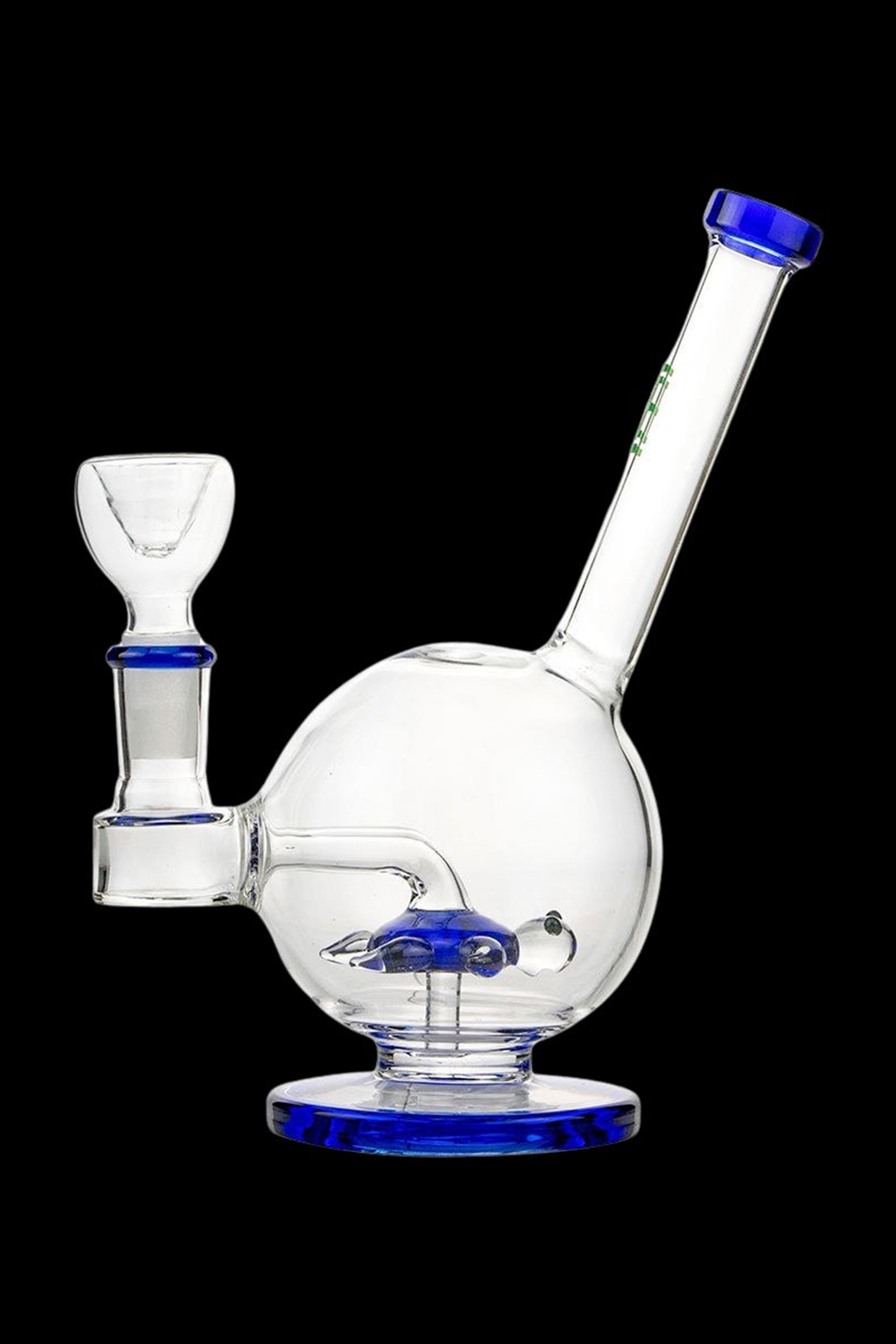Clear glass water pipe (bubbler) with blue accents and a visible percolator.