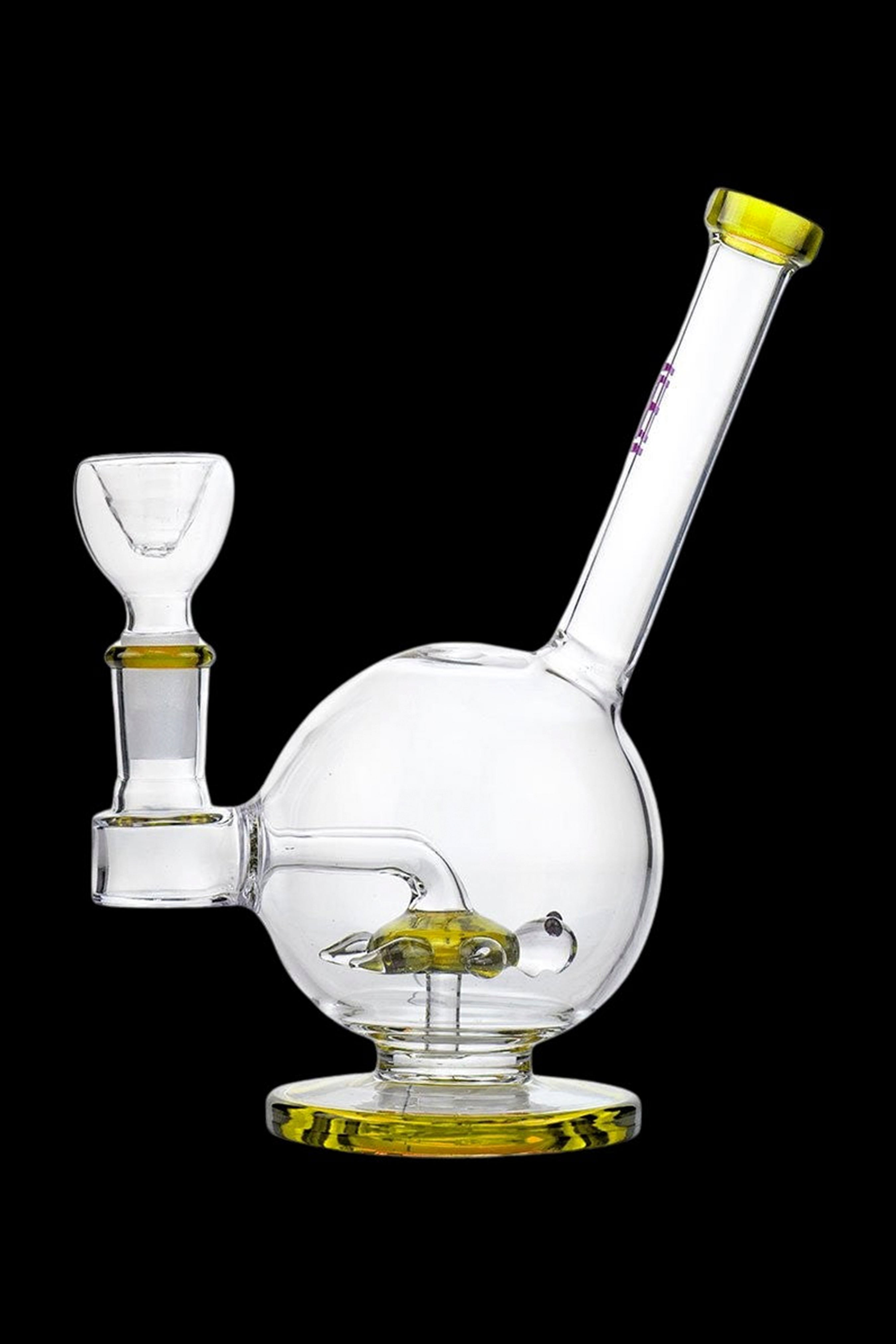 Clear glass bubbler water pipe with yellow accents and a bowl piece.