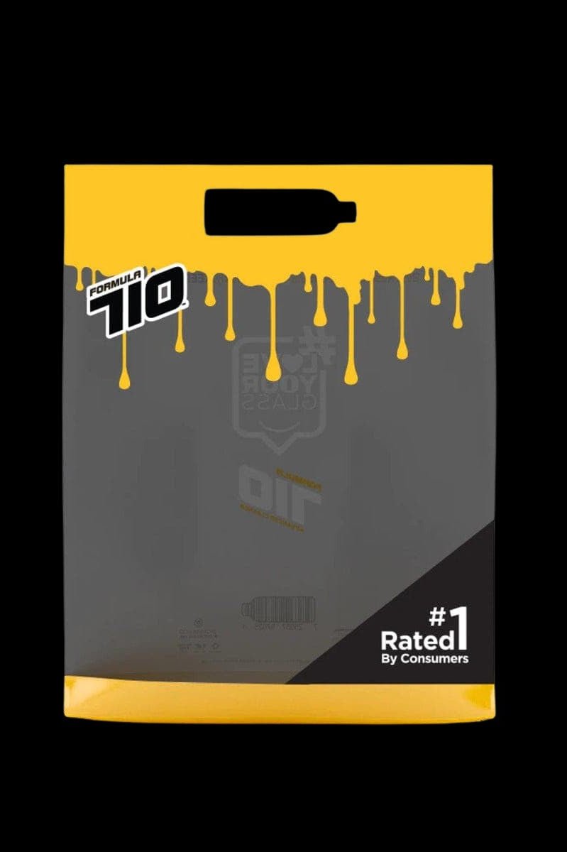 Yellow bag with “Formula 710” logo and dripping oil design, advertising cannabis concentrates. 