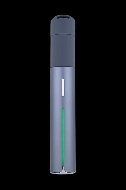 Front view of the Puffco Pivot Vaporizer, a sleek, silver device with a minimalist design, against a dark backdrop.
