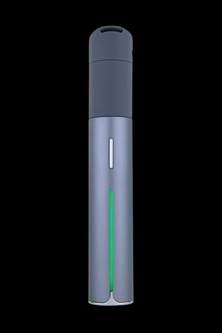 Front view of the Puffco Pivot Vaporizer, a sleek, silver device with a minimalist design, against a dark backdrop.