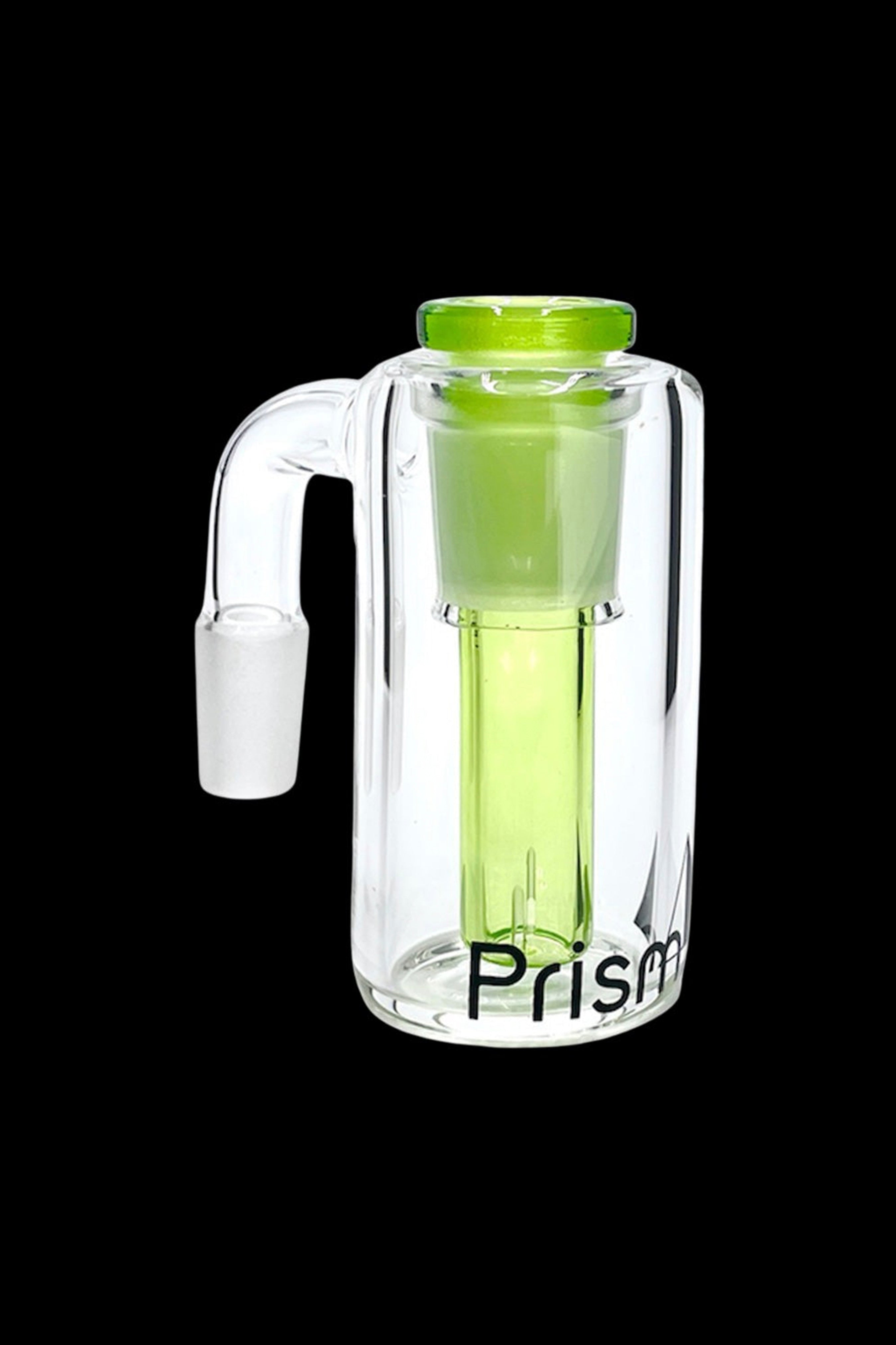 Clear glass bubbler with green accents and the word "Prism" printed on the base.