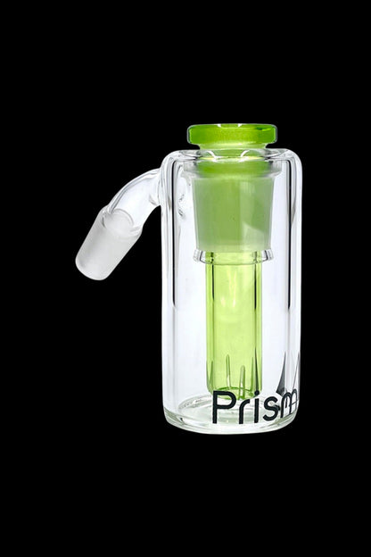 Clear glass bubbler with green accents and a smoking bowl, branded “Prism.”