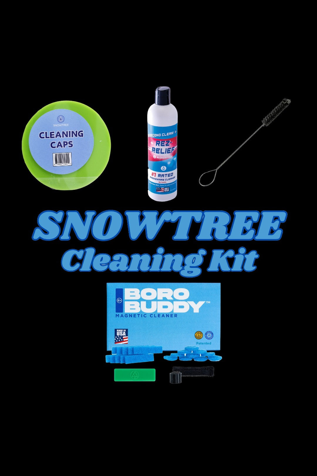 Snowtree Cleaning Kit featuring cleaning caps, magnetic cleaner, and solution for cannabis accessories.