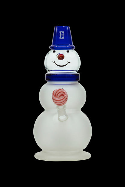 Glass snowman-shaped water pipe with a red and white swirl and blue accents.