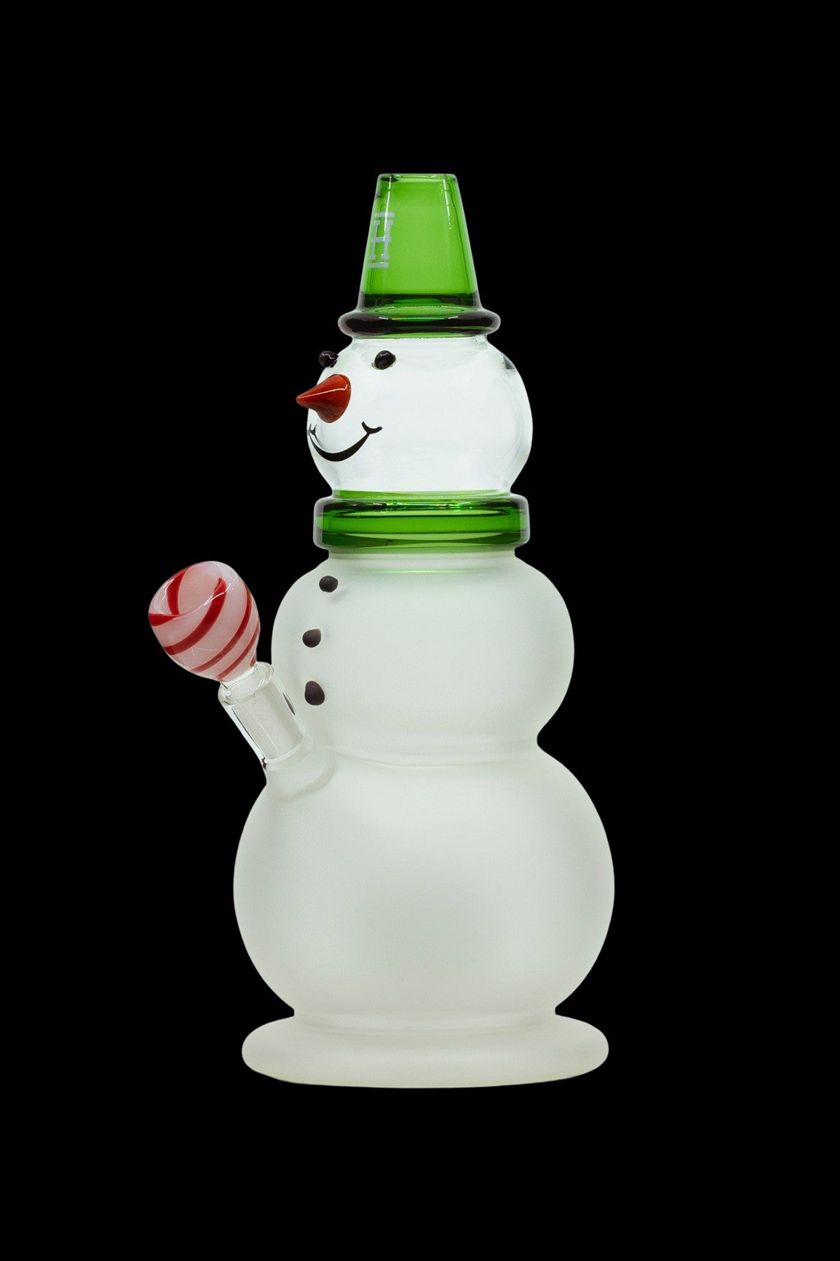 Glass snowman-shaped water pipe with a peppermint candy accessory.