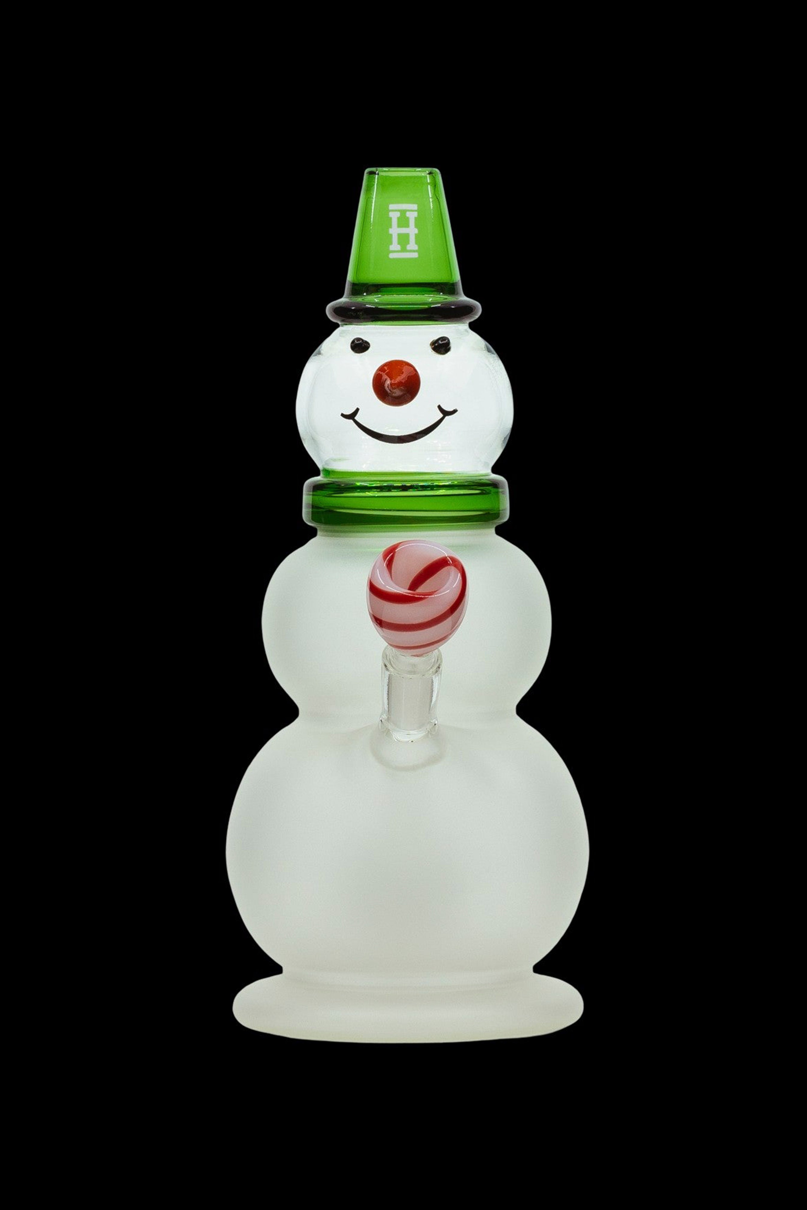 Glass snowman-shaped water pipe with a red and white swirl detail.