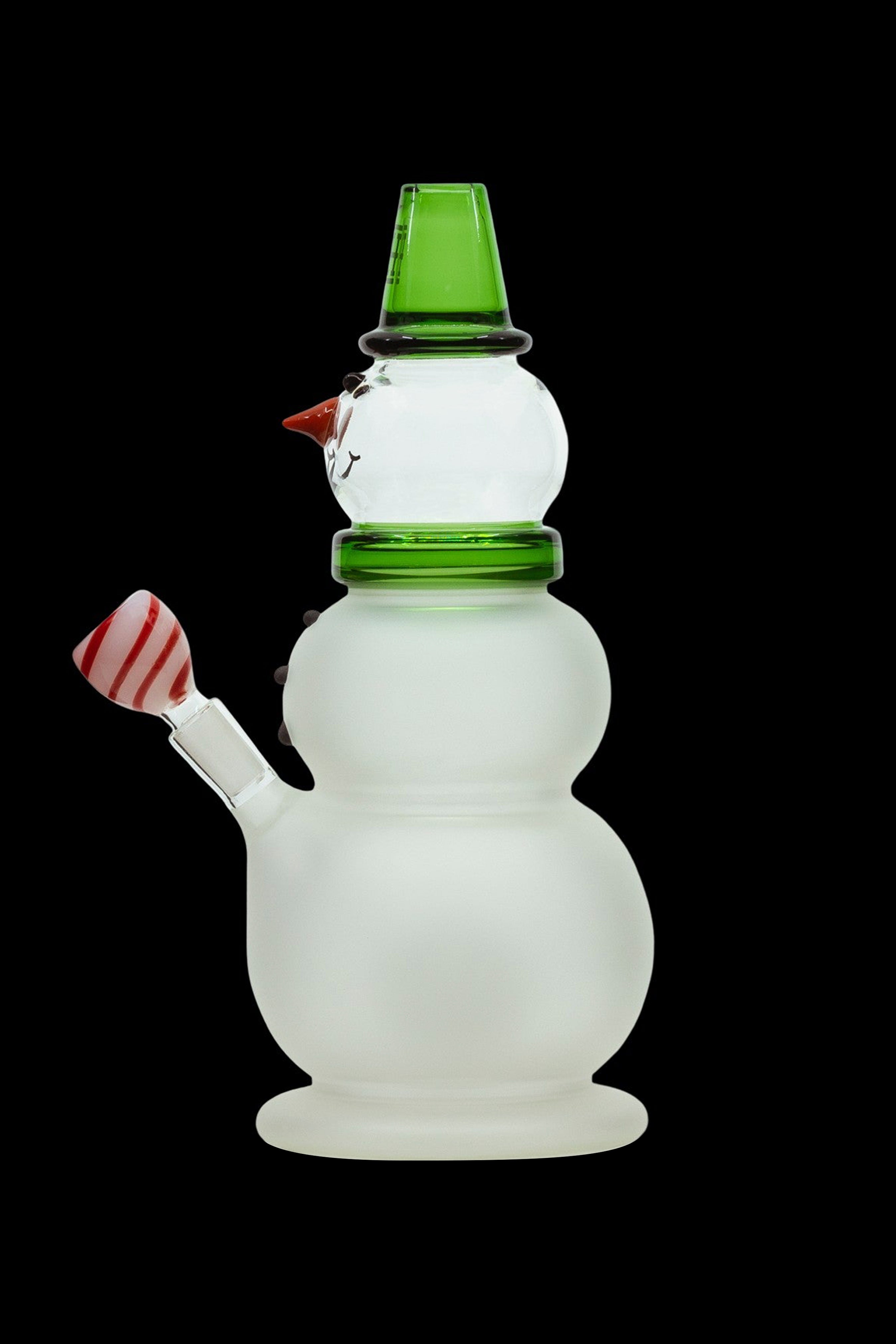 Glass snowman-shaped water pipe with red and white striped mouthpiece.
