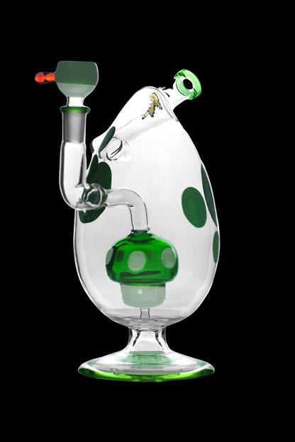 Clear glass water pipe with green polka dots and accents, featuring a complex percolator system.