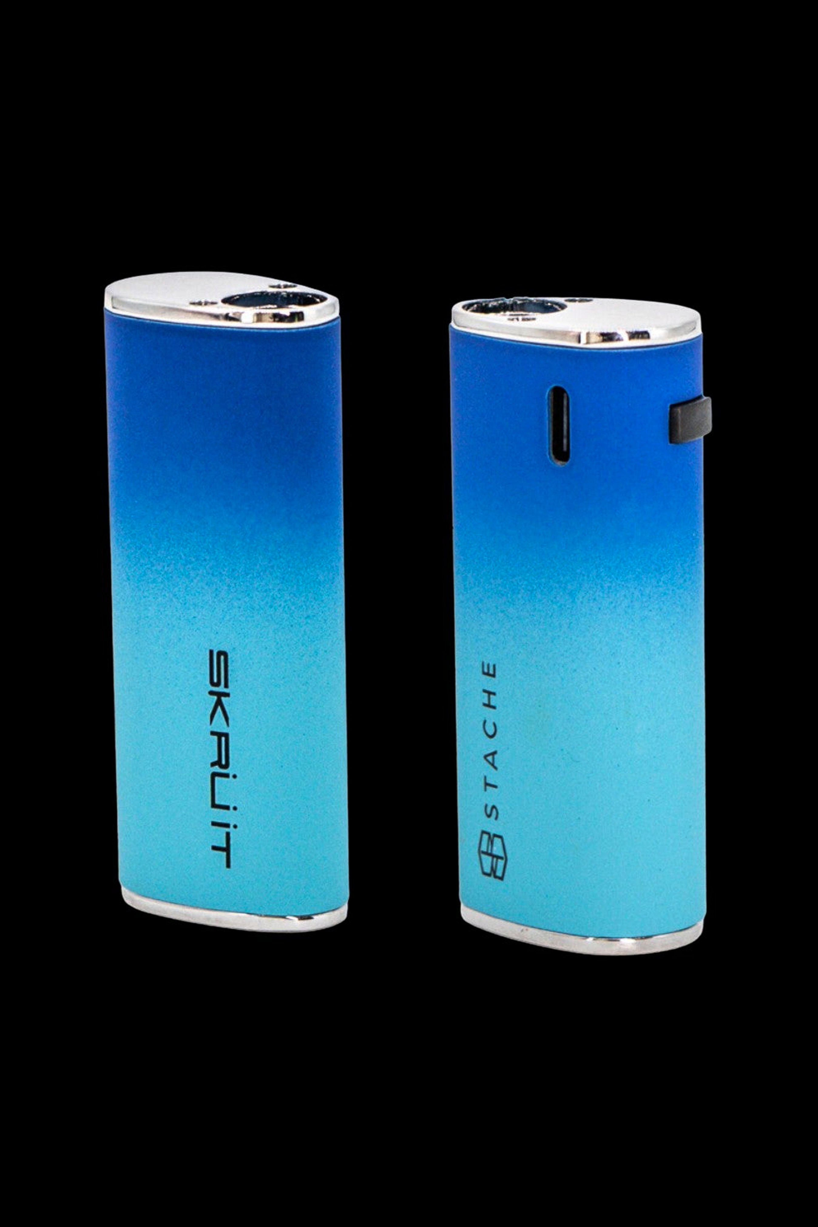 Blue electric dab torch with branding, displayed from two angles.