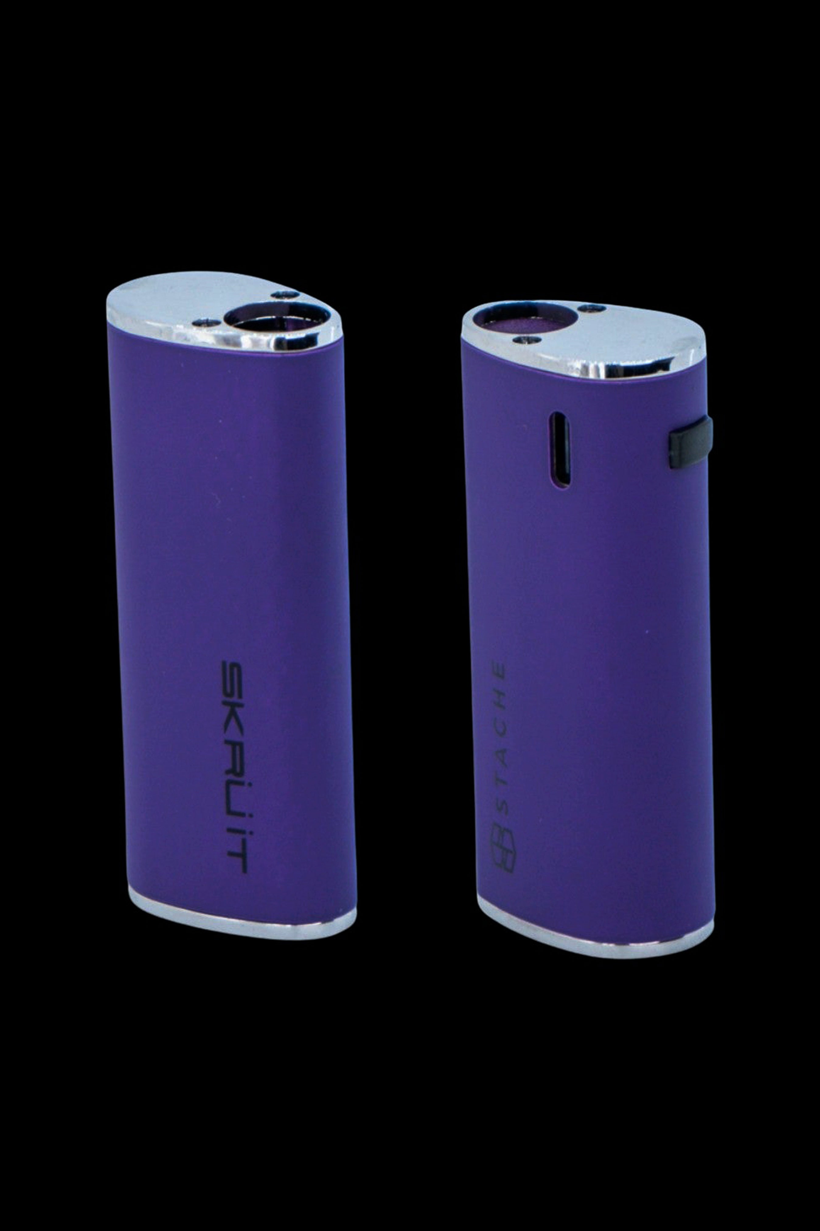 Purple Skrujit cannabis vaporizer pen, front and side view.