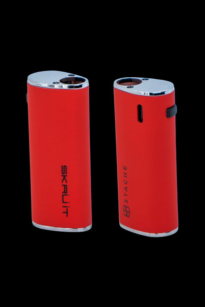 Red electronic dab rigs with visible heating coils, branded “Skrutit” and “Stache.”