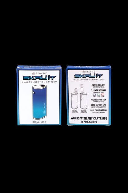 Product packaging for a Stache Skrut dual connection cannabis oil vape battery, featuring specifications like 650mAh capacity and USB-C charging.
