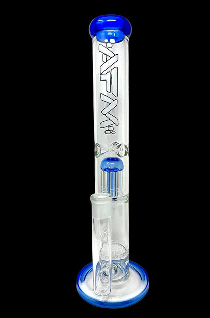 Blue glass water pipe (bong) with intricate clear glass percolators.