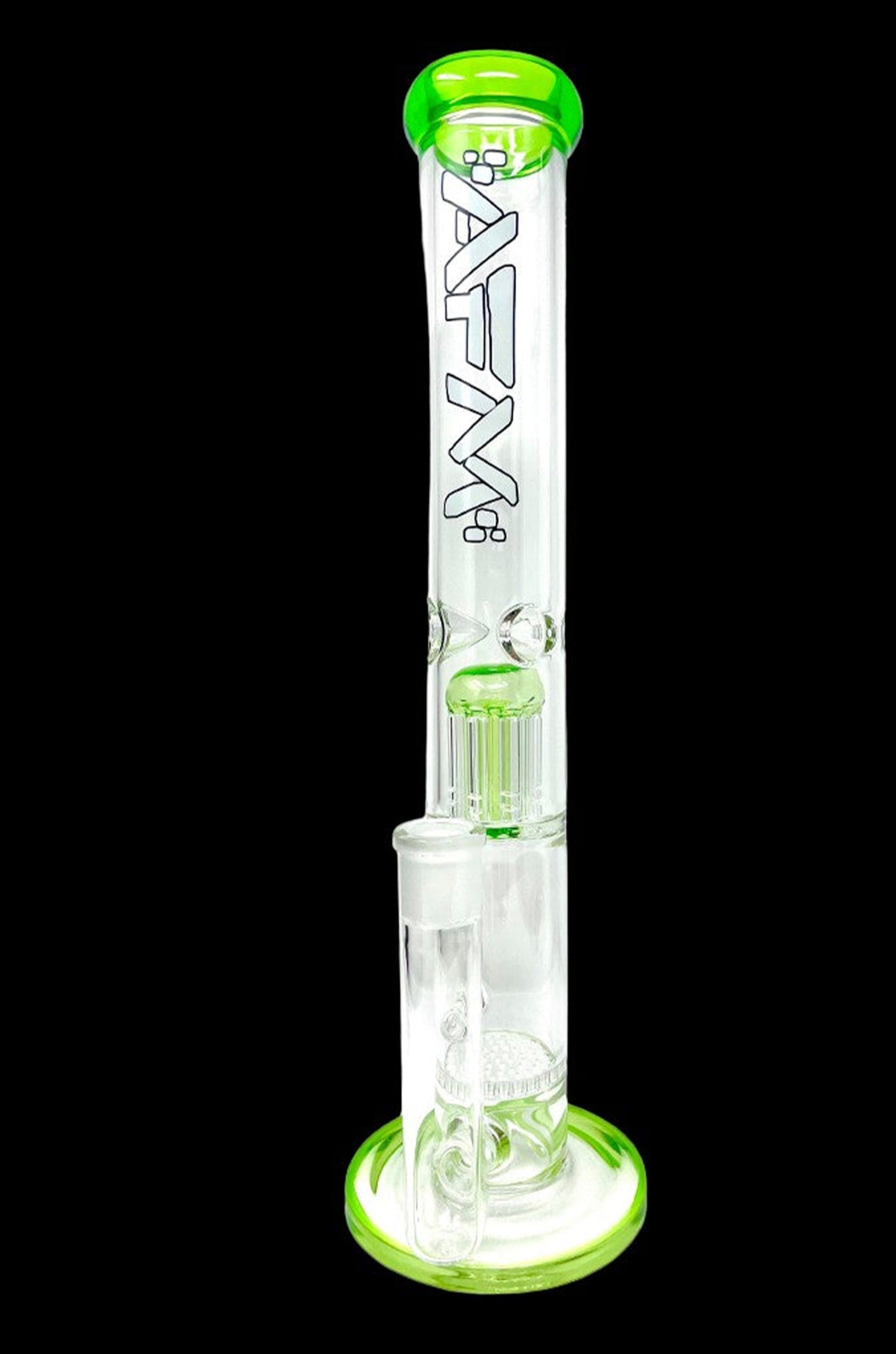 Green glass water pipe (bong) with intricate bubble design.