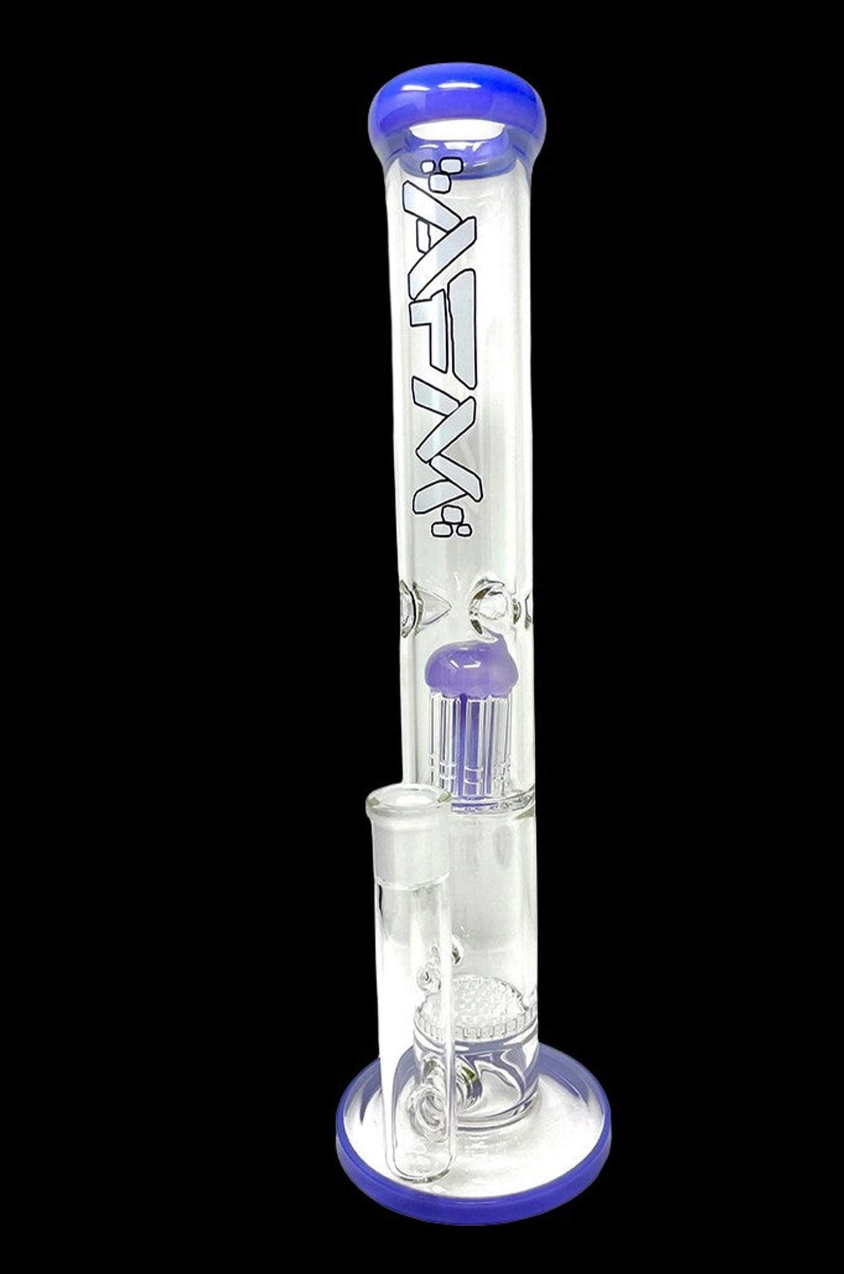 Blue and clear glass water pipe (bong) with intricate designs.