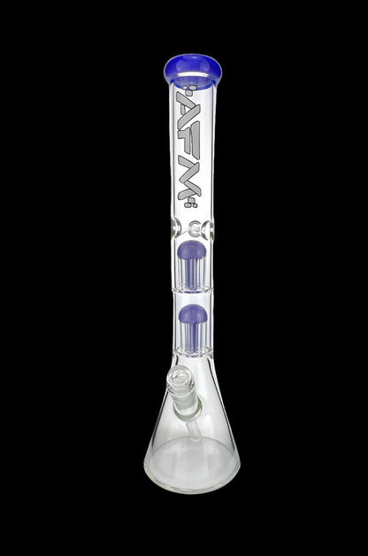 Clear glass bong with blue accents and intricate percolators.