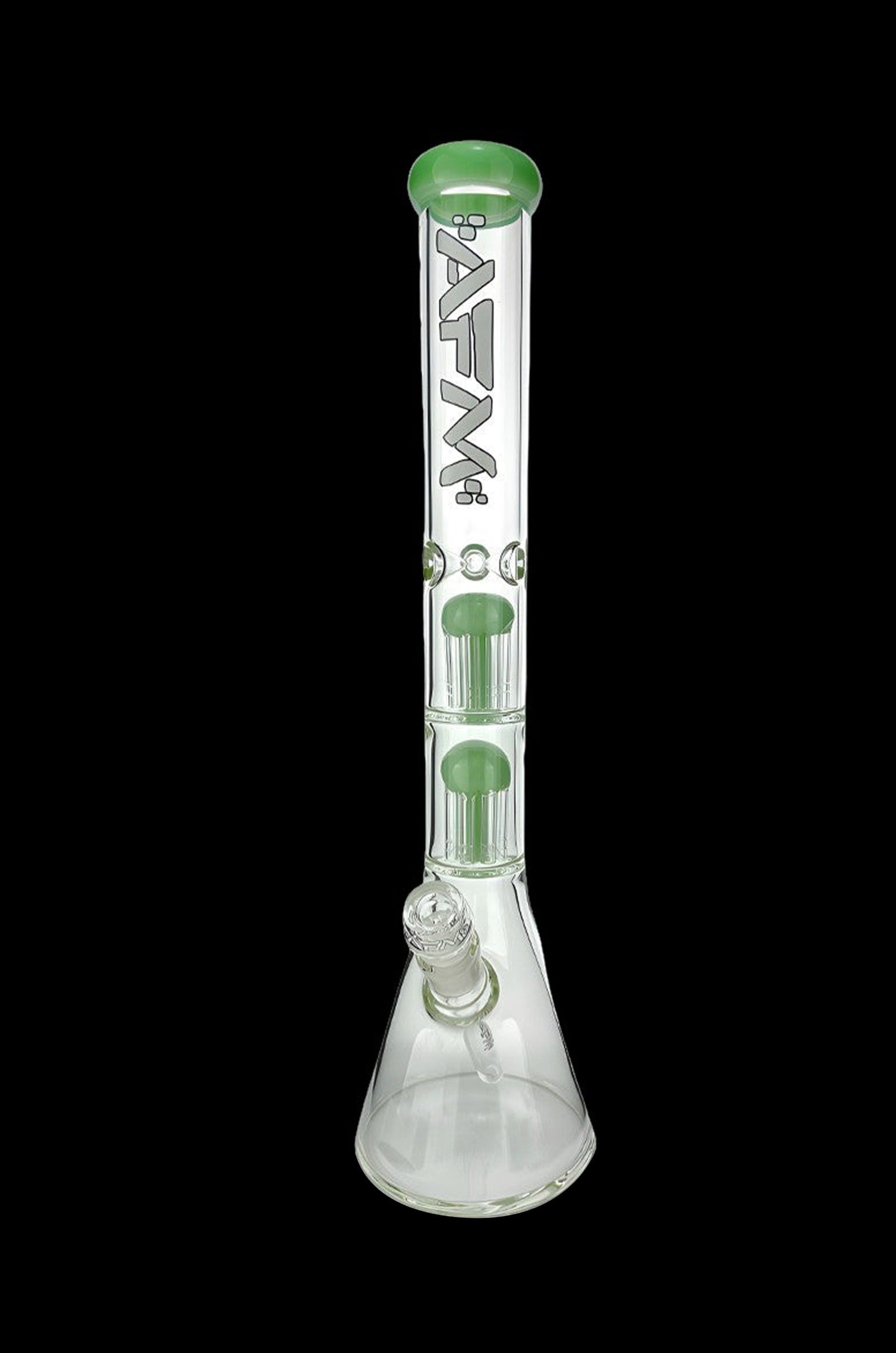 Glass bong with green accents and percolators.