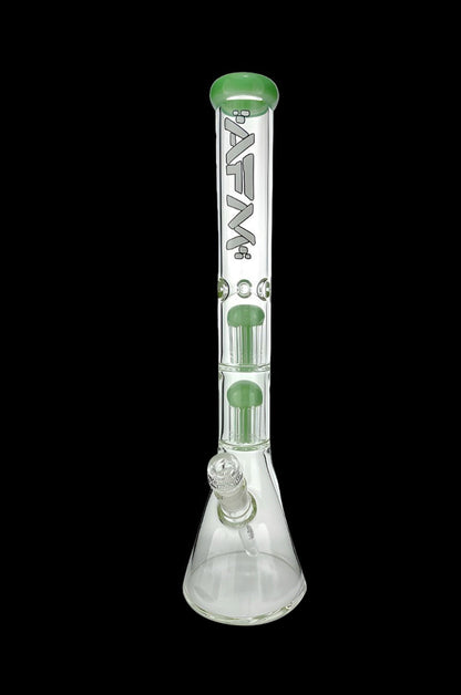 Glass bong with green accents and percolators.