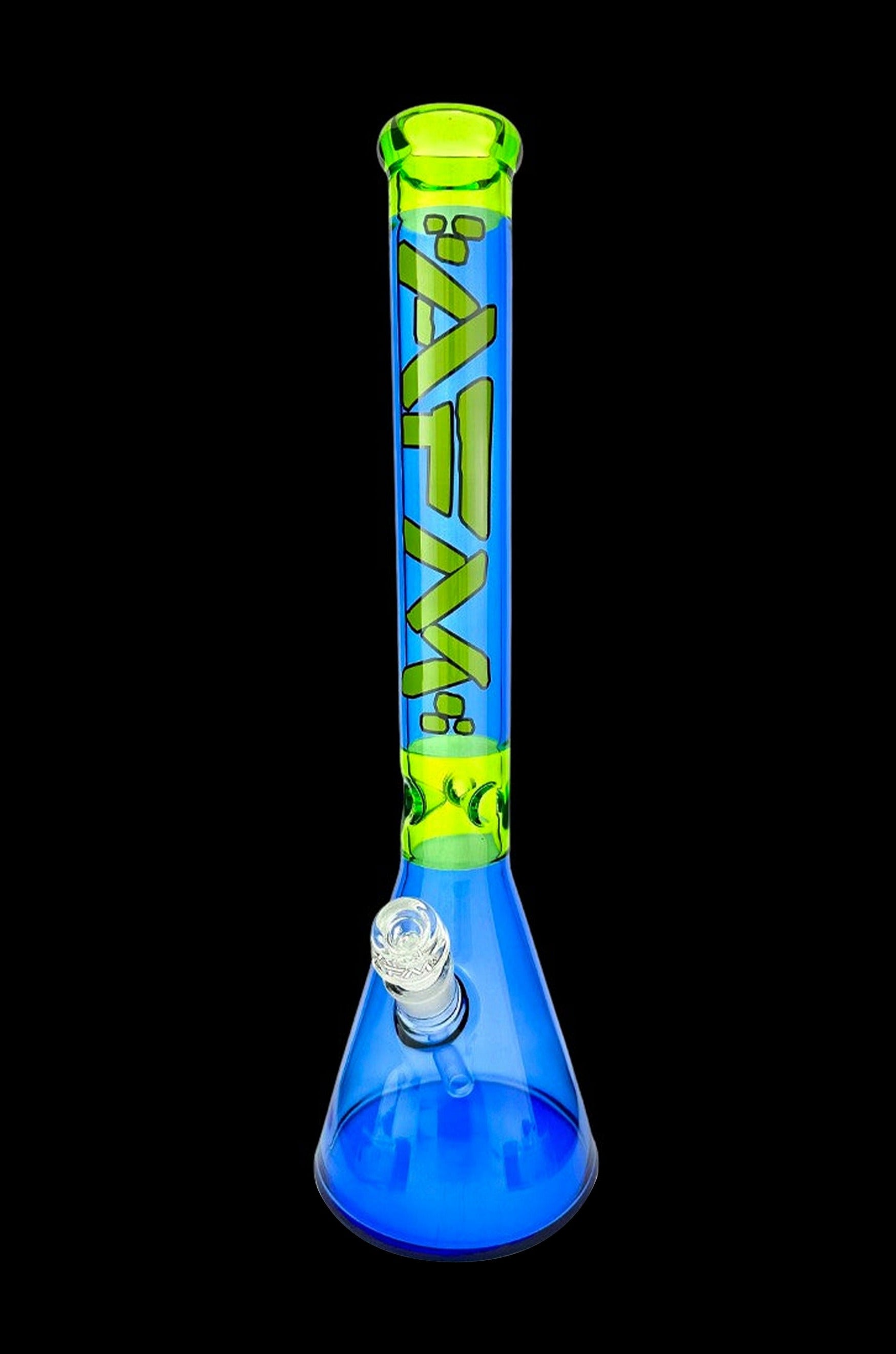 Blue glass bong with green decorative patterns.