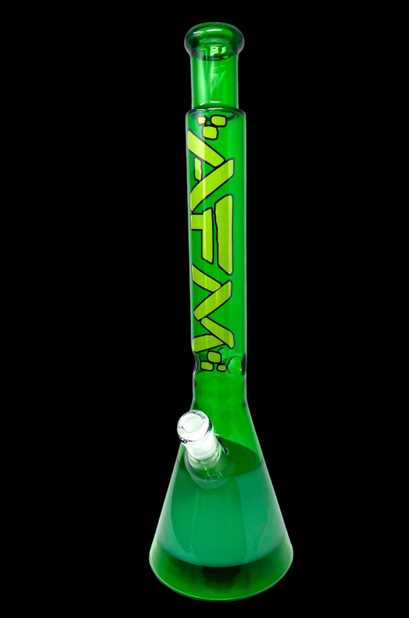Green glass bong with frosted lettering against a black background.