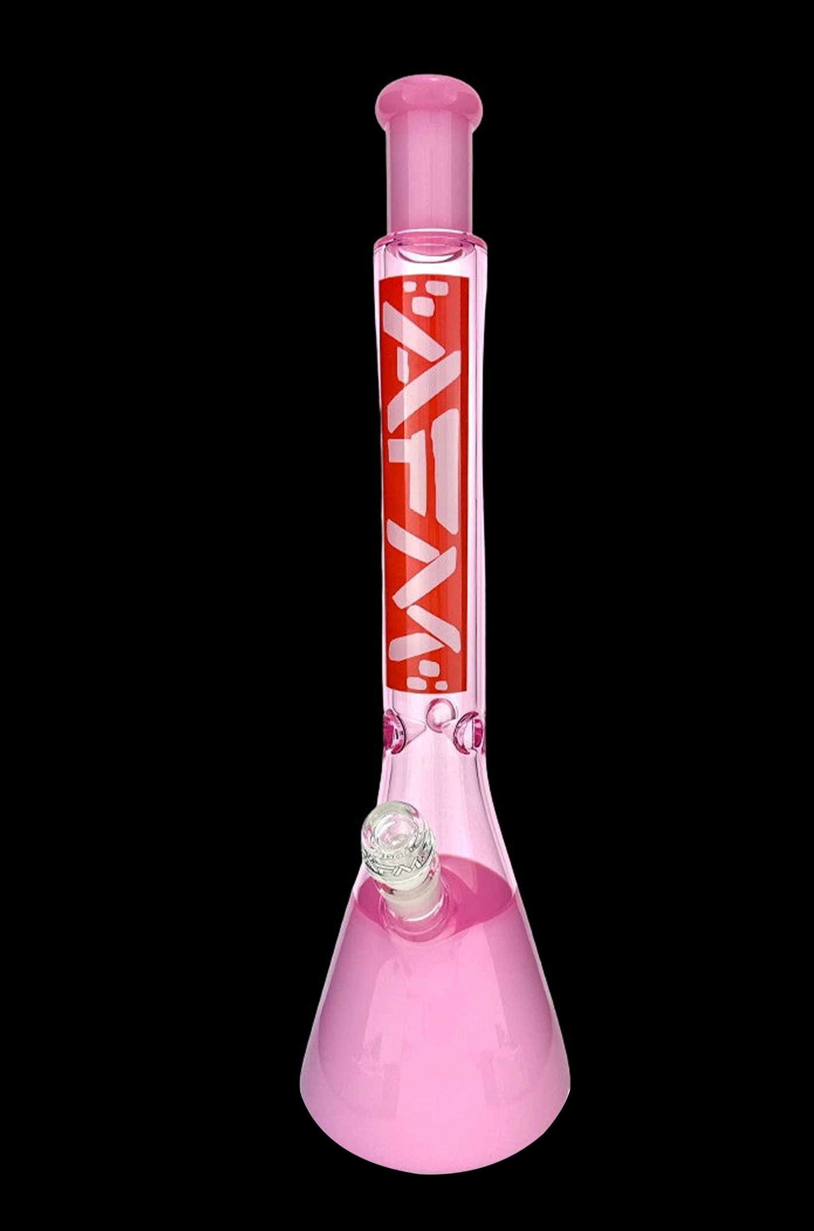 Pink glass bong with red and white patterned neck.
