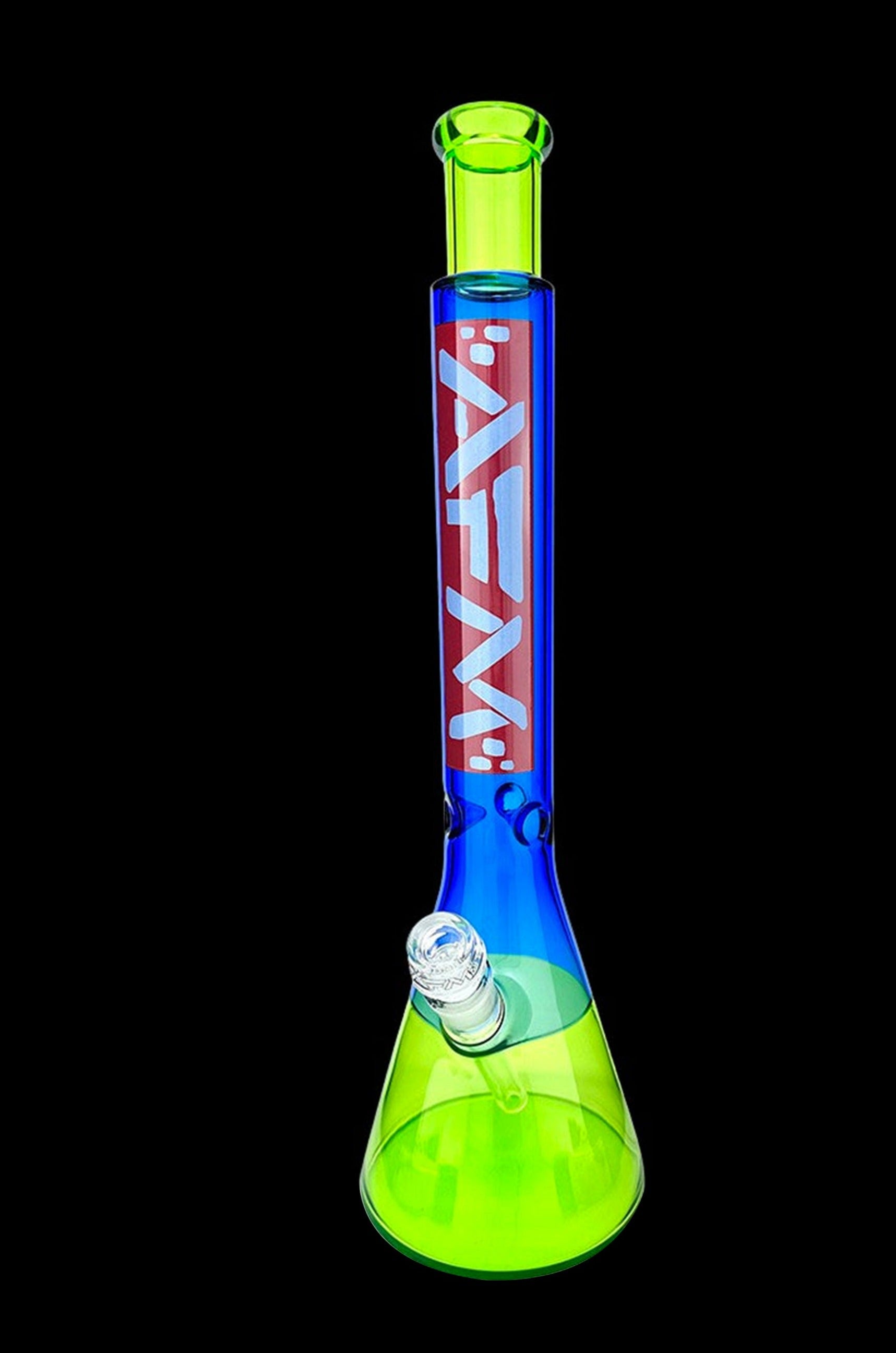 Blue and green glass bong with intricate detailing.