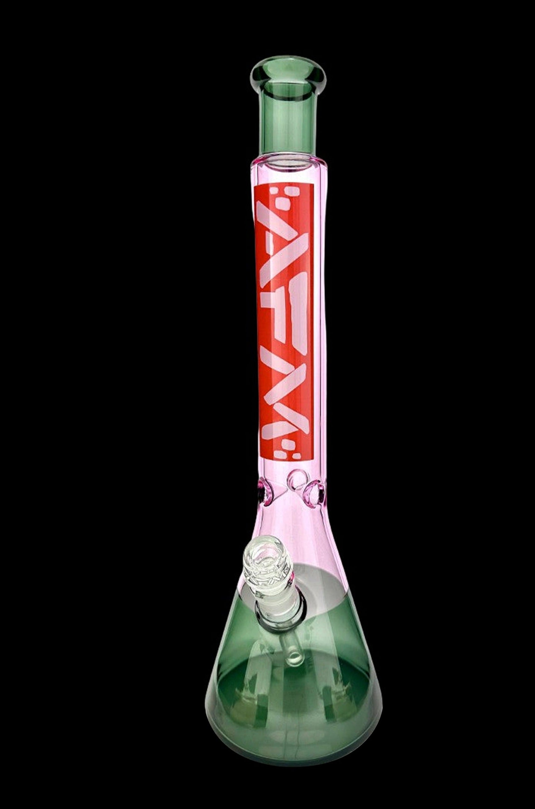 Green and pink glass bong with intricate designs, isolated on a black background.