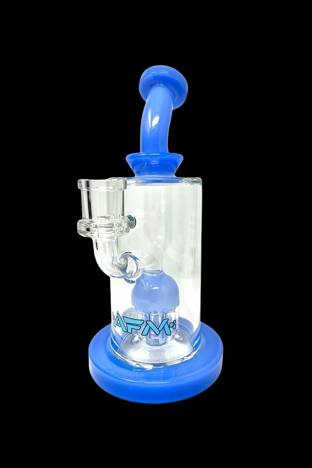 Blue glass water pipe (bong) with intricate design and clear glass attachments.