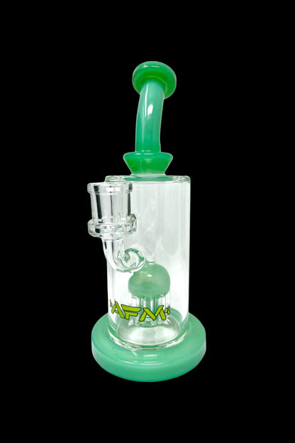 Green glass water pipe (bong) with percolator and branded base.