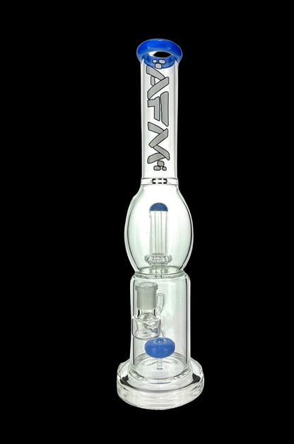 Clear glass bubbler with blue accents, featuring a percolator and bowl, against a black background.