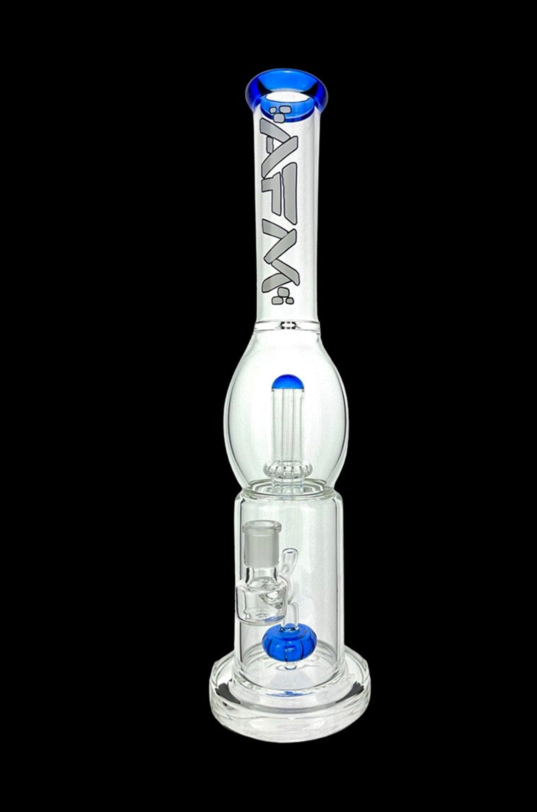 Clear glass water pipe (bong) with blue accents and intricate percolator design.