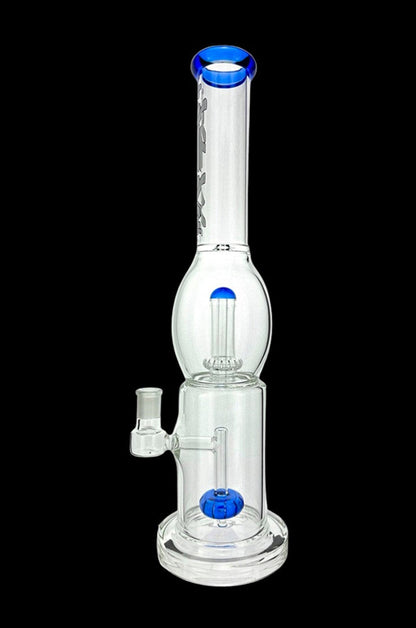 Clear glass water pipe (bong) with blue accents and multiple filtration chambers.