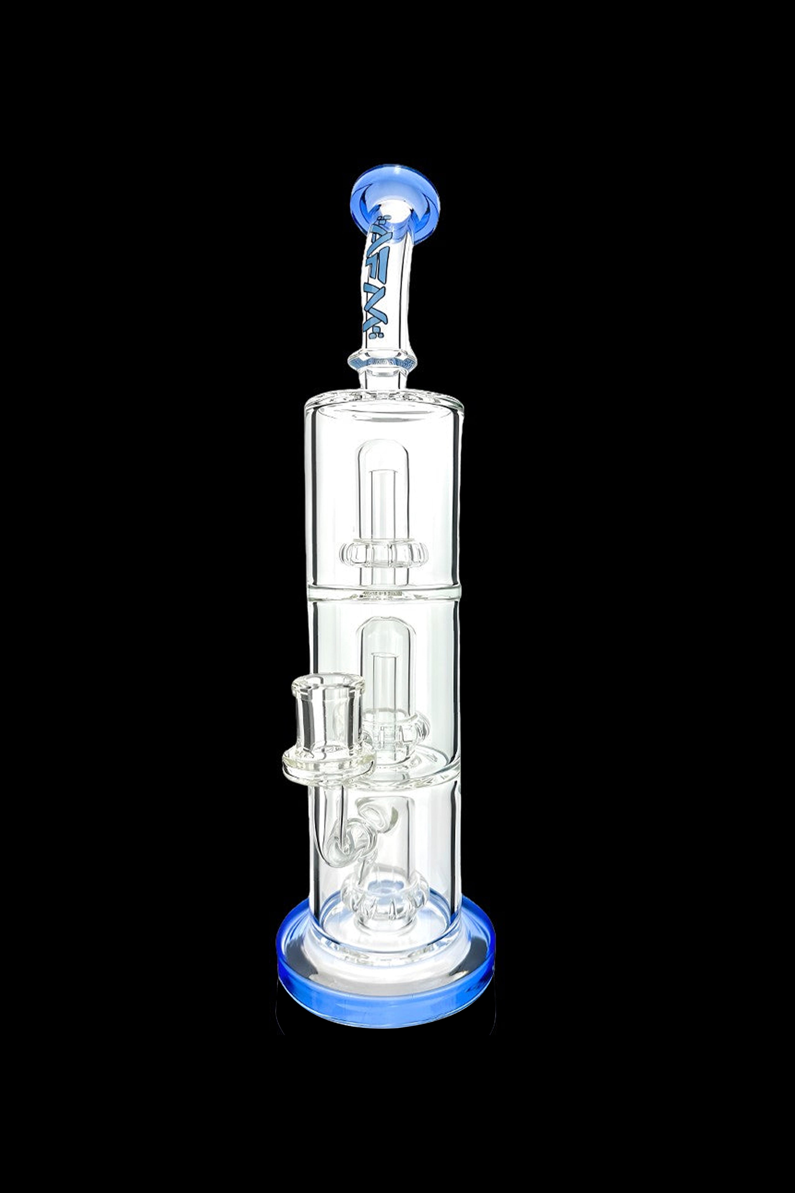 Blue and clear glass water pipe (bong) with intricate percolators.