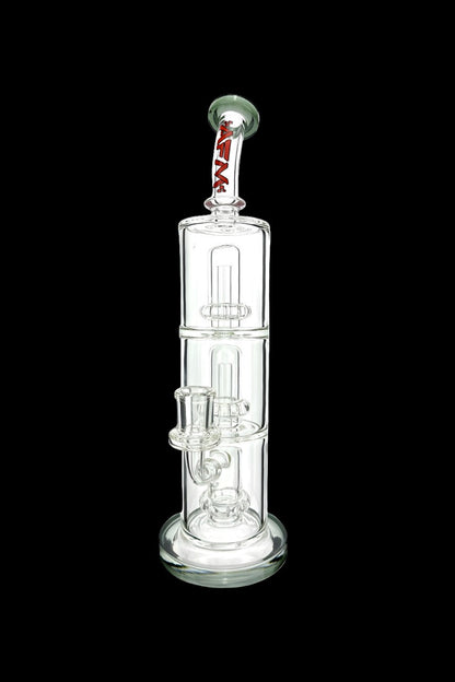 Clear glass water pipe (bong) with multiple chambers and percolators, isolated on a black background.