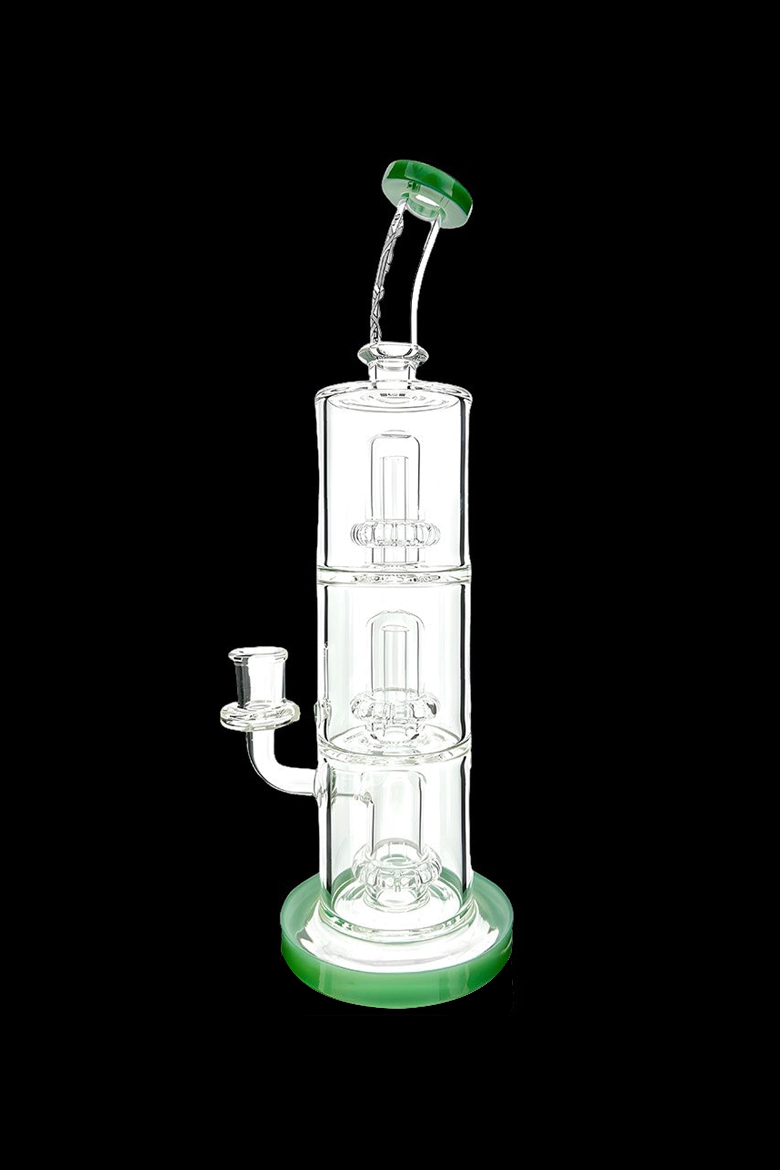 Green glass water pipe (bong) with intricate percolators, isolated on a black background.