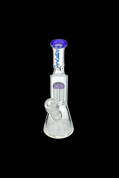 Glass bong with blue accents and multiple diffusion chambers.