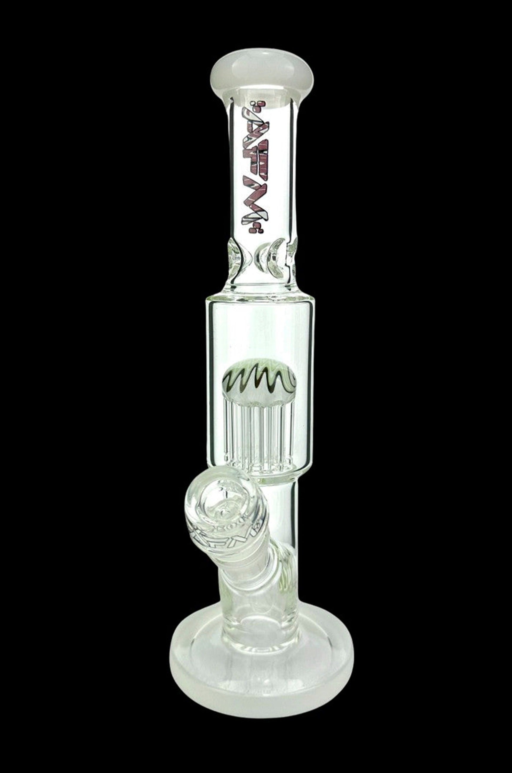 Clear glass water pipe (bong) with intricate percolator design.