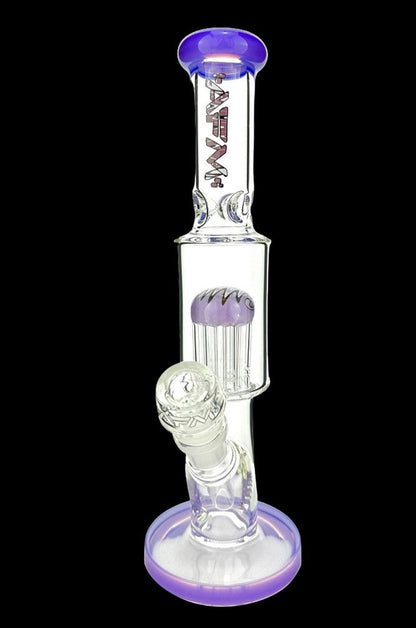 Purple and clear glass water pipe (bong) with multiple diffusion slits.