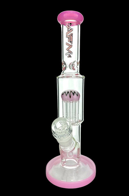 Pink glass water pipe with intricate percolator.