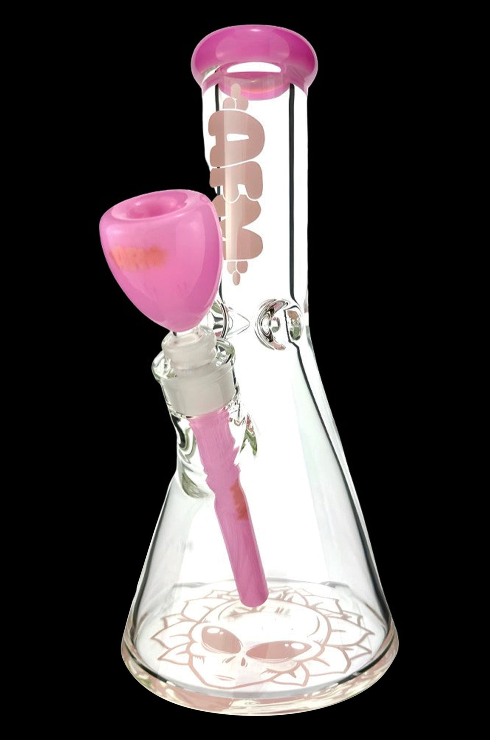 Pink glass bong with floral design.