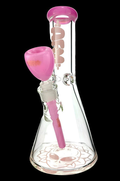 Pink glass bong with floral design.