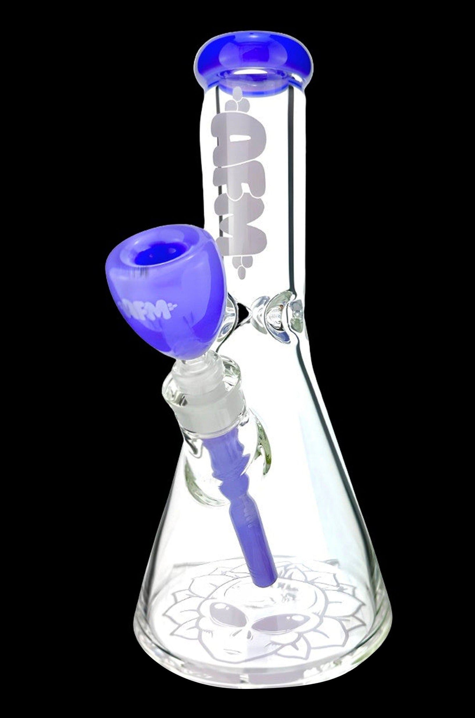 Purple and clear glass bong with etched designs.