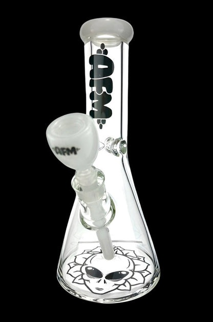 Clear glass bong with an alien-themed design and intricate percolator.