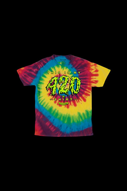 Tie-dye t-shirt with a cannabis leaf graphic and text reading "This is my 420 shirt."
